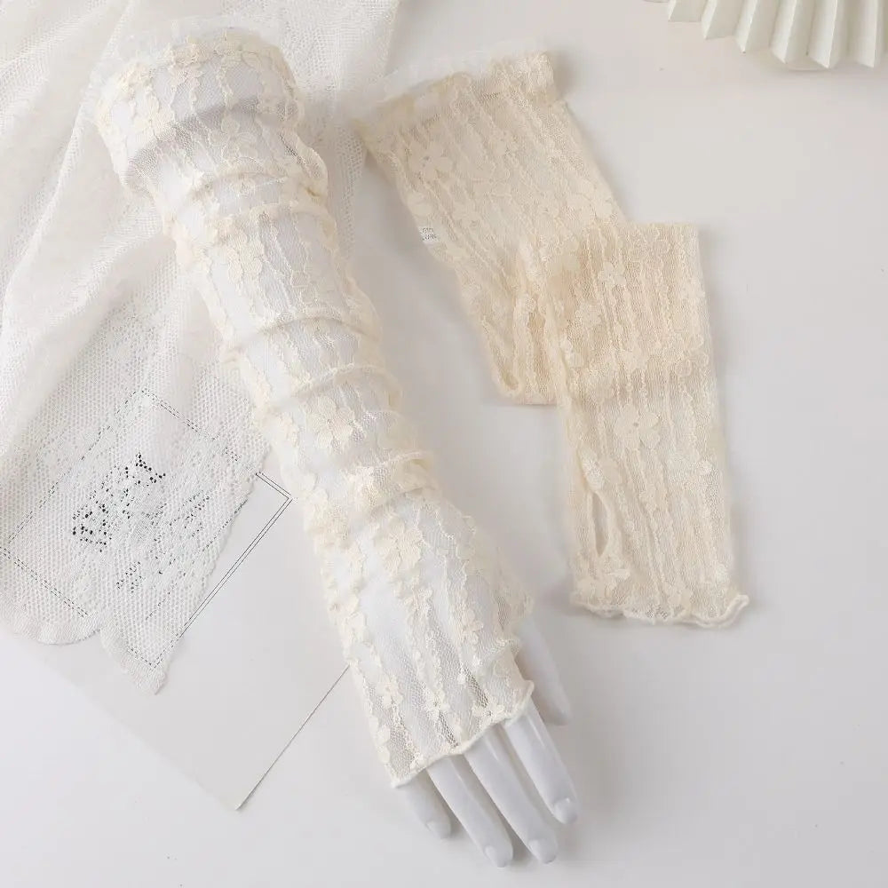 UV Protection Lace Arm Sleeves – Fingerless Long Gloves Women