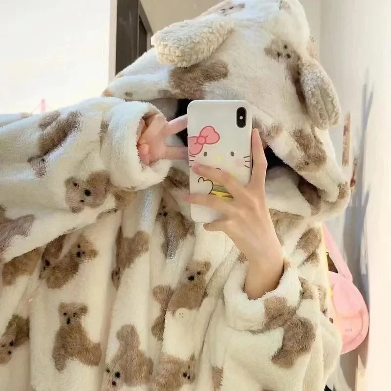 Women's Hooded Flannel Pyjama Set – Cute Bear Fluffy Robe