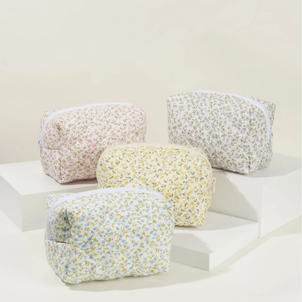 Floral Puffy Quilted Large Makeup Bag Travel Cosmetic Pouch Flower