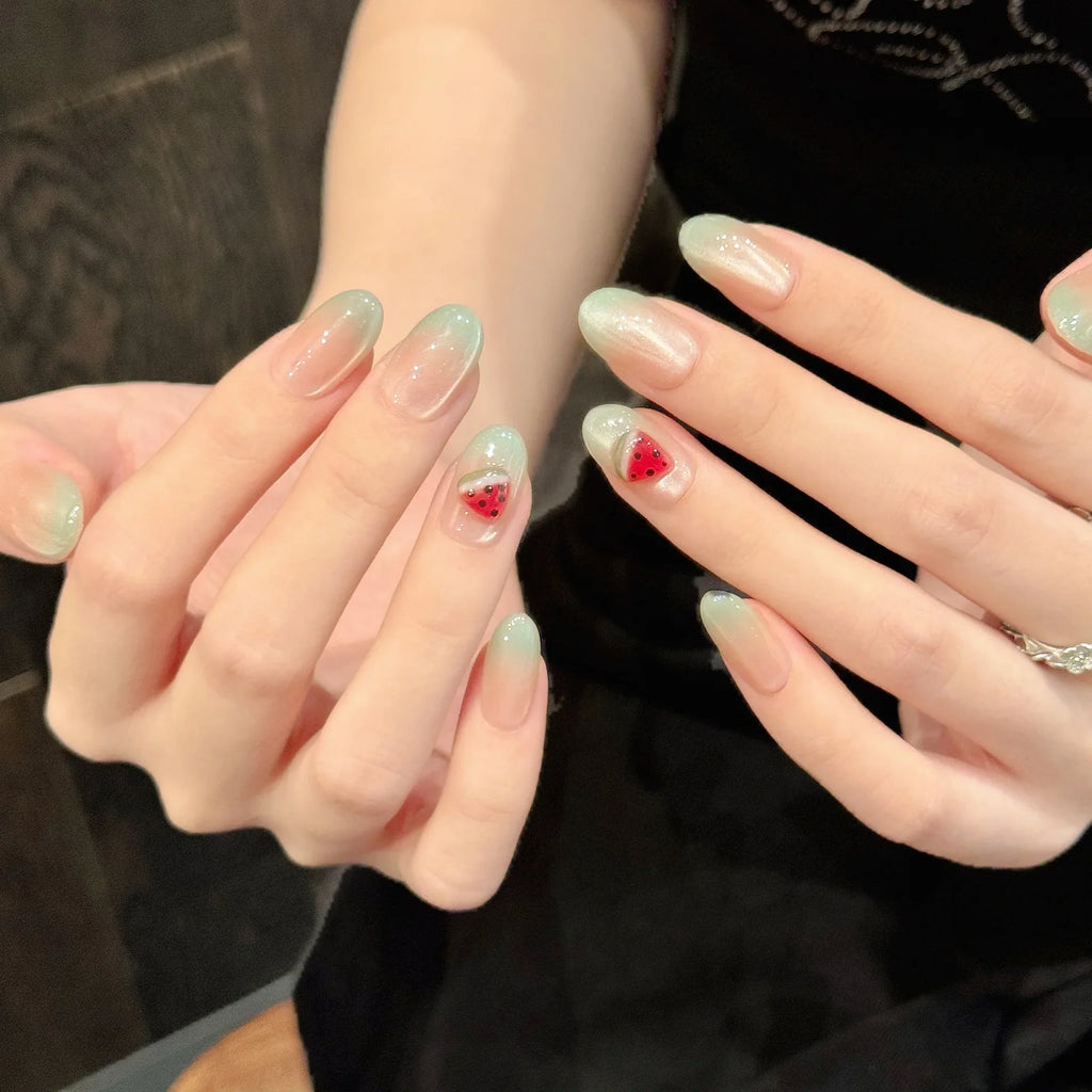 Handmade Watermelon Cat Eye Press-On Nails | 10pcs Set