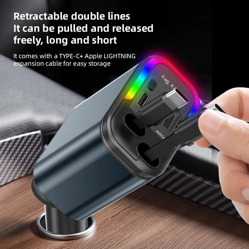 4-in-1 180W Fast Car Charger with 2 Retractable Cables