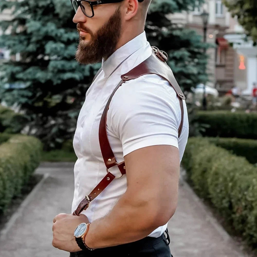 Men's Suspenders Vintage Brown PU Leather Straps Braces Suspender Men