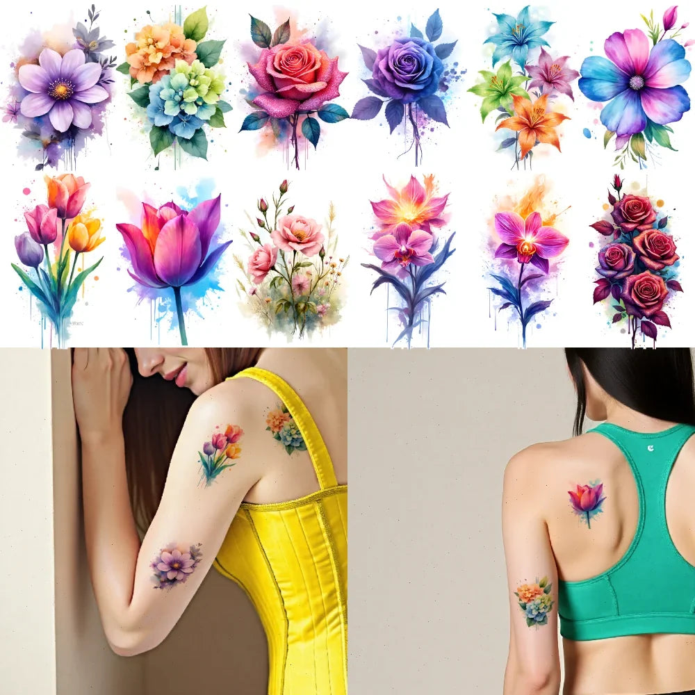 9-Pack Waterproof Temporary Tattoo Stickers – Flowers & Art