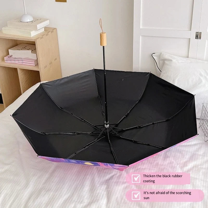 Cartoon Cat Pink Folding UV Umbrella – Auto Open, Sun & Rain