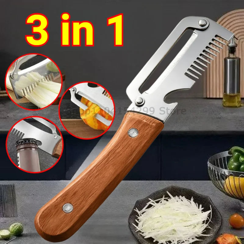 3-in-1 Wooden Handle Vegetable Peeler – Stainless Steel