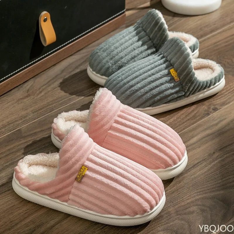 Couple Winter Striped Slippers – Plush Warm Non-Slip Home Shoes