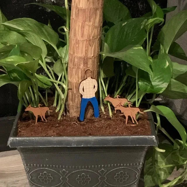 Fun Potted Wood Mini Card Father Son Dog Garden Home Flower Pot