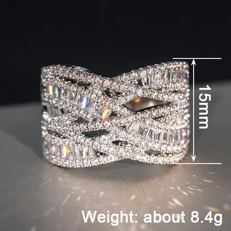 Huitan Cross Finger Ring – Silver CZ Pavé Fashion Ring for Women