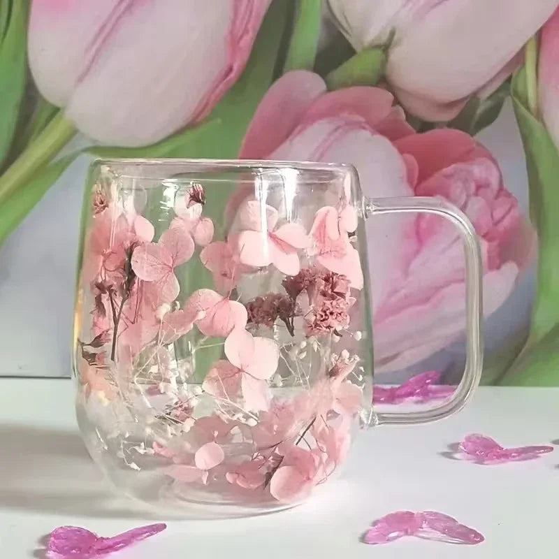 Double-Walled Glass Coffee Mug with Real Flower Design