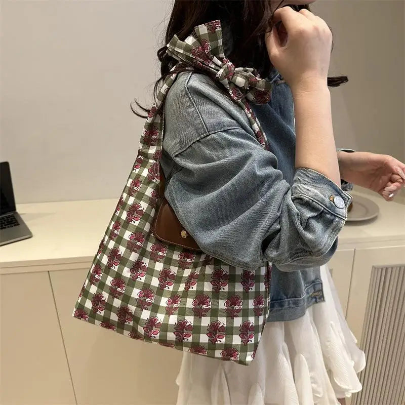 Floral Plaid Canvas Tote Bag – Large Capacity Women's Shoulder