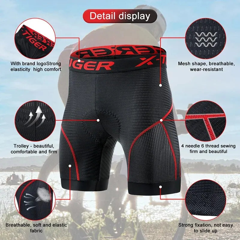 X-TIGER Men's Gel Pad Cycling Shorts – Breathable MTB Underwear