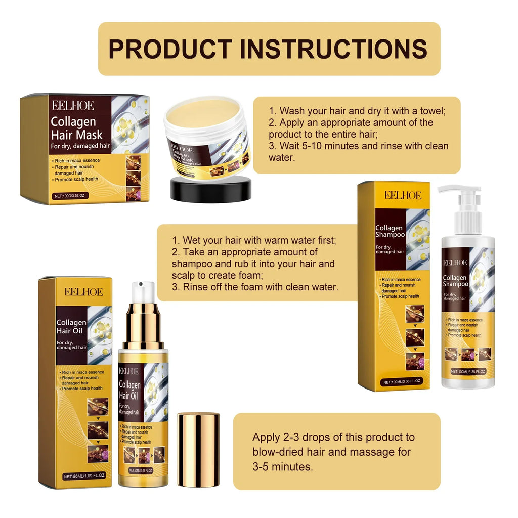 EELHOE Collagen Hair Care Kit – Mask, Shampoo & Oil Set