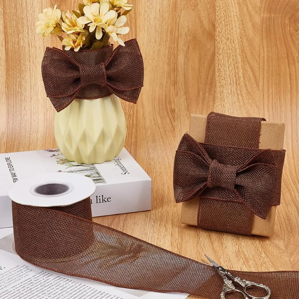 Burlap Wired Ribbon 2.5" Wide – Rustic Brown, 9.95 Yards/Roll