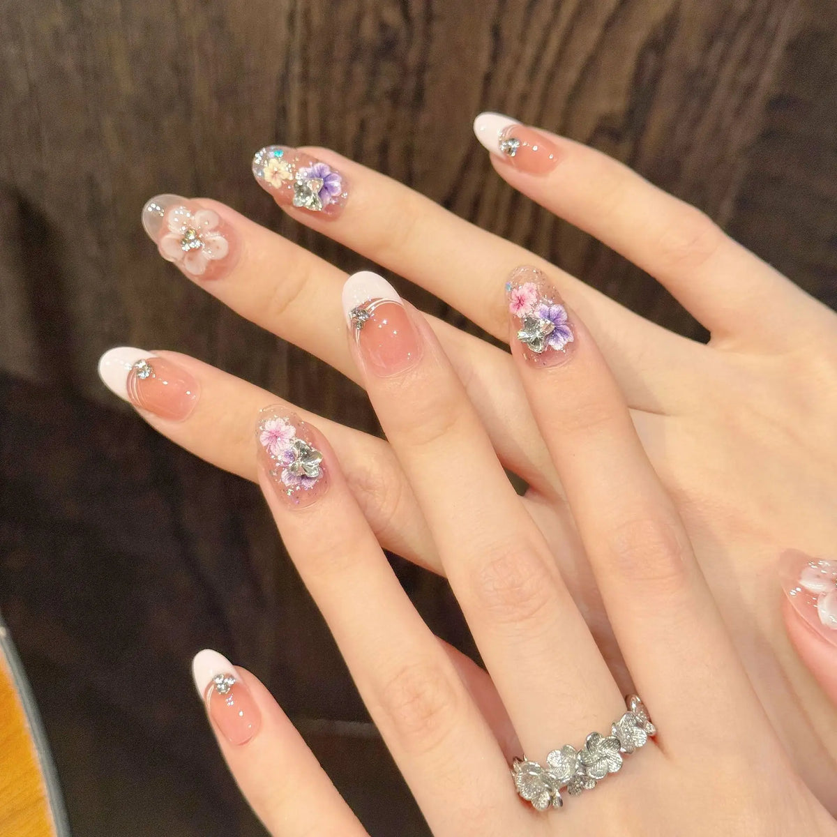 10-Piece Handmade Press-On Nails – Summer Floral French Tips