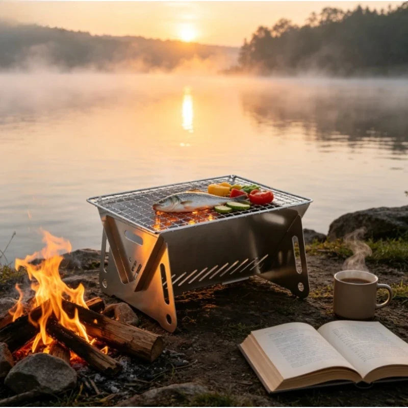 Portable Folding Charcoal BBQ Grill – Stainless Steel Camping Stove