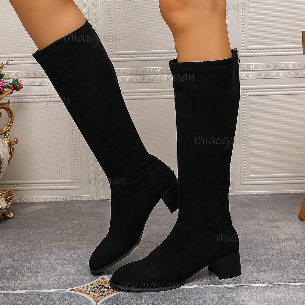 Women's Faux Suede Knee High Boots – Square Heel & Back Zip