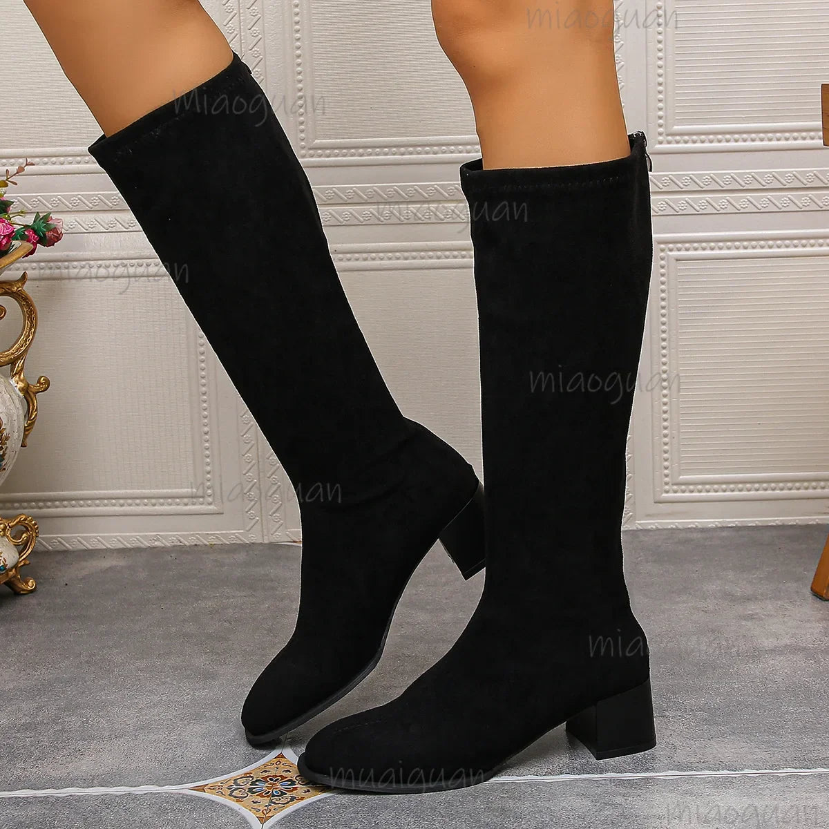 Women's Faux Suede Knee High Boots – Square Heel & Back Zip