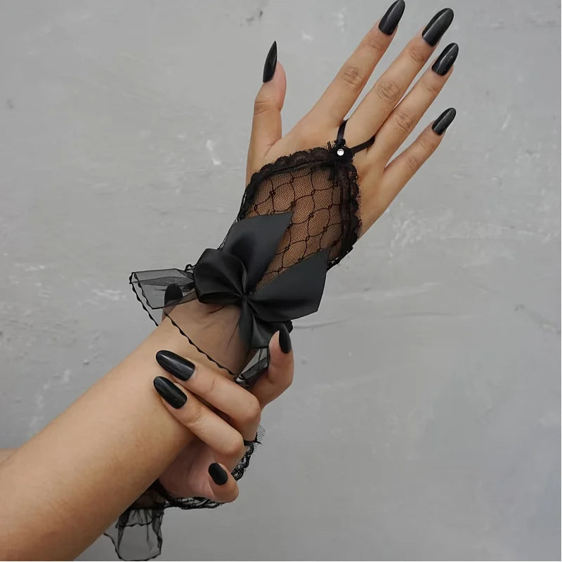 Y2K Punk Fingerless Gloves with Bow & Lace – Women's