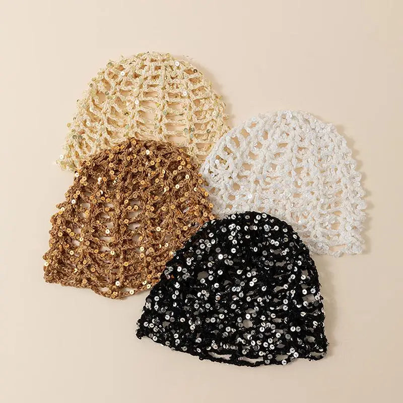 Y2K Sparkly Sequin Knit Beanie Hat – Sheer Hollow Party Cap