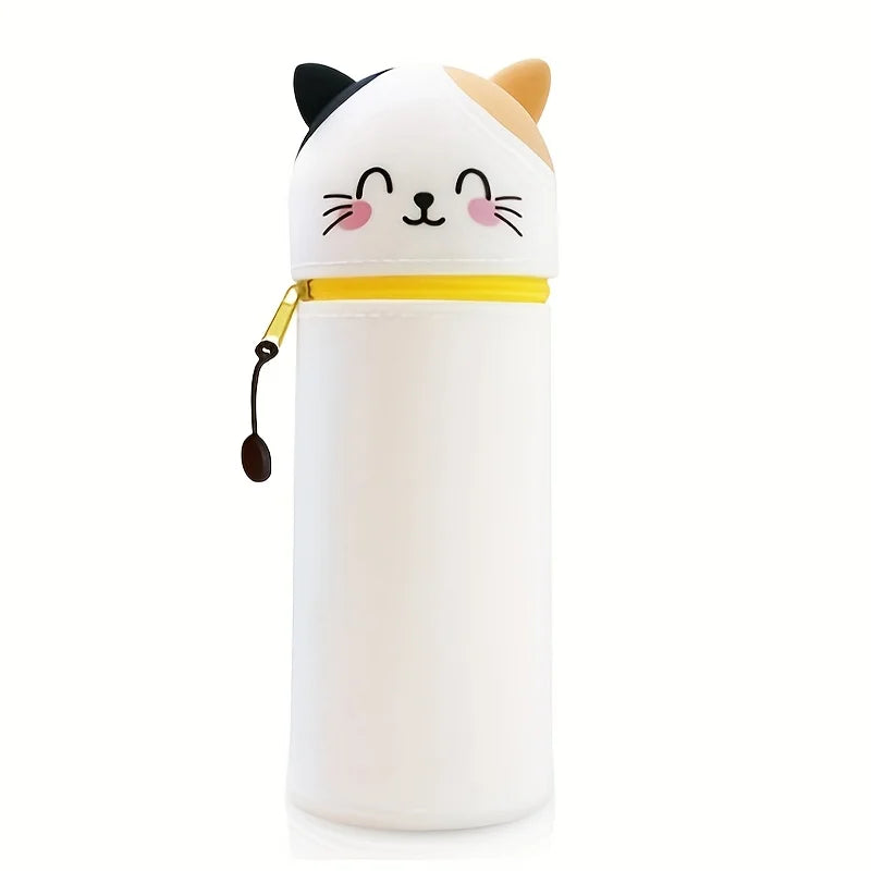 2-in-1 Expandable Silicone Cute Pencil Case Cat Design Desk Organizer