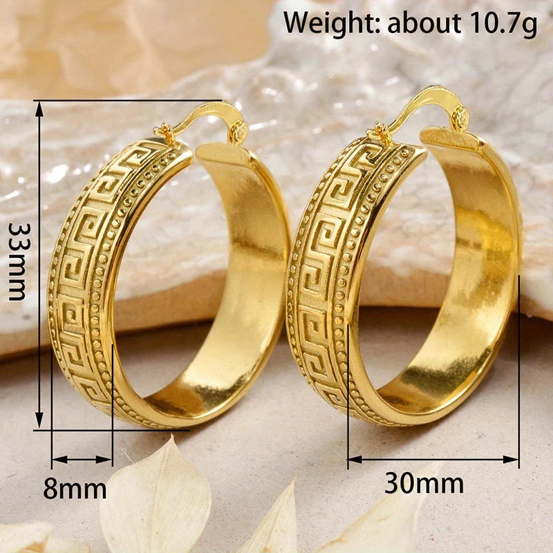 Huitan Greek Key Hoop Earrings – Vintage Geometric Women's Jewelry