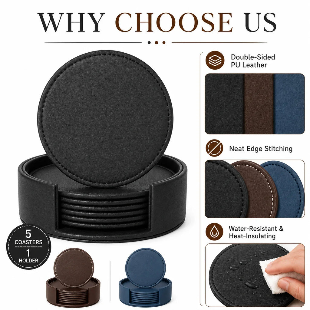 6-Piece PU Leather Coasters with Holder – Waterproof & Heat Resistant
