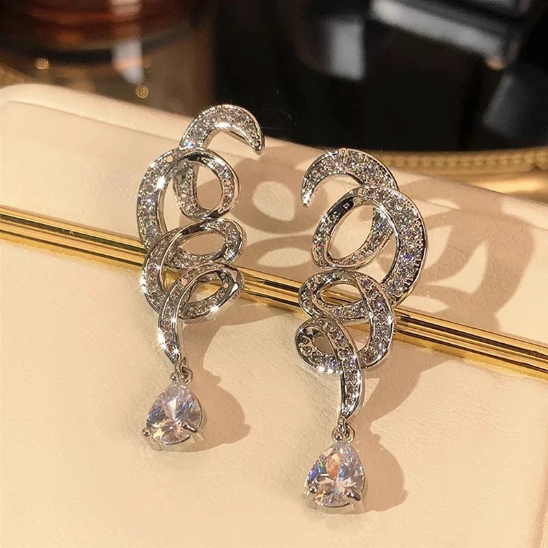 Huitan Ribbon Drop Earrings – Cubic Zirconia Pendant Jewelry