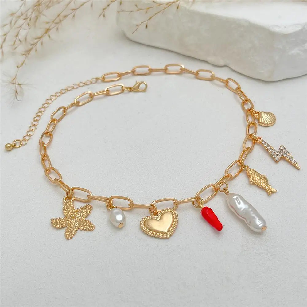 Vintage Enamel Cherry Necklace – Ocean Style Gold Pendant for Women