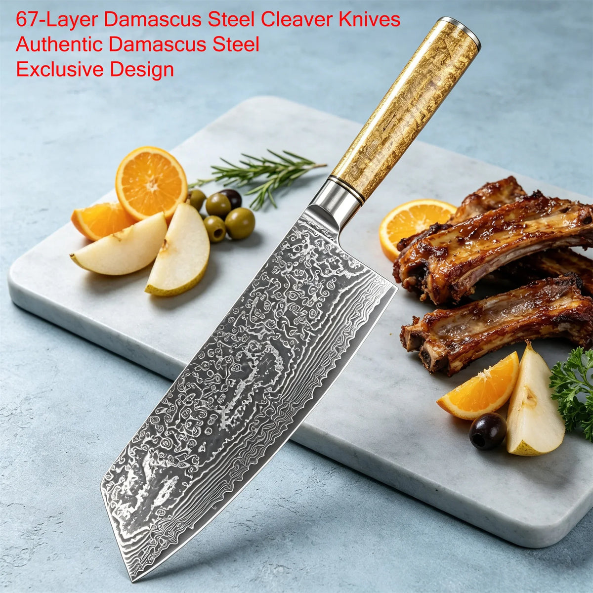 67-Layer Damascus Steel Cleaver | Professional Chef Knife