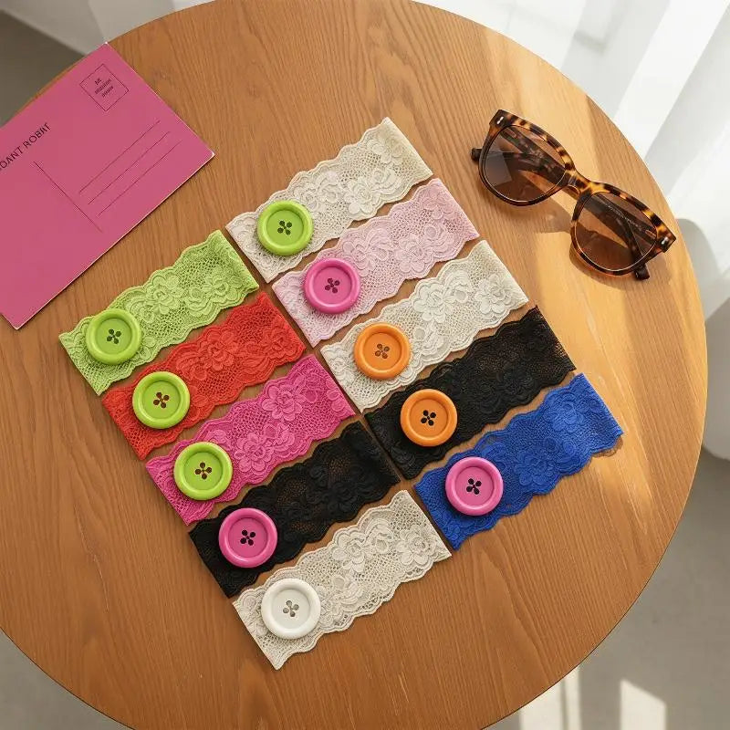 Y2K Lace Button Headband – Colorful Oversized Women's Style