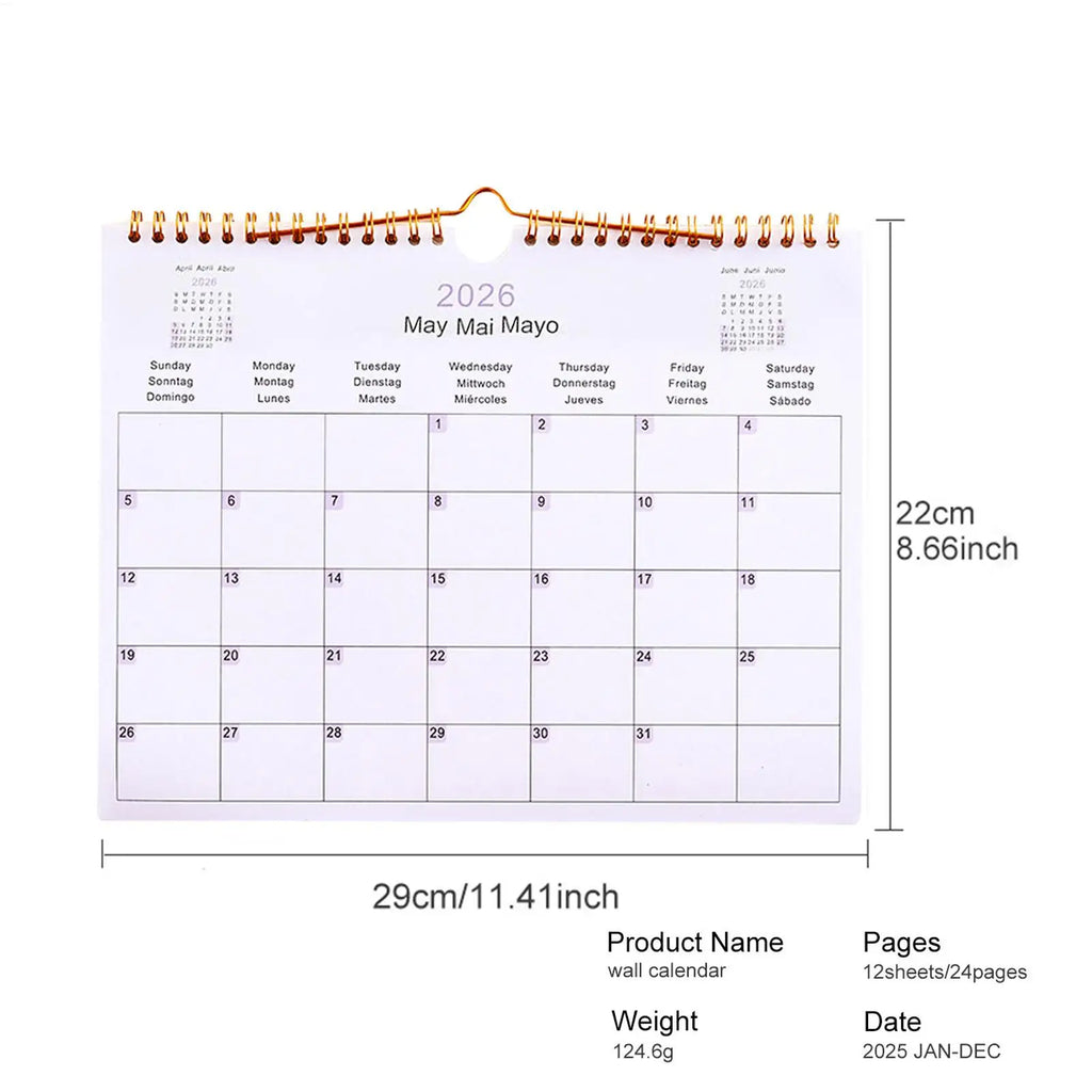 Wall Calendar 2026 12 Month Multilingual Coil Modern Decorative