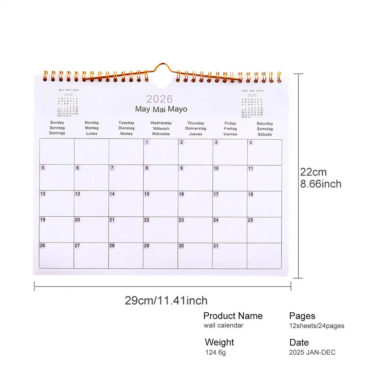 Wall Calendar 2026 12 Month Multilingual Coil Modern Decorative