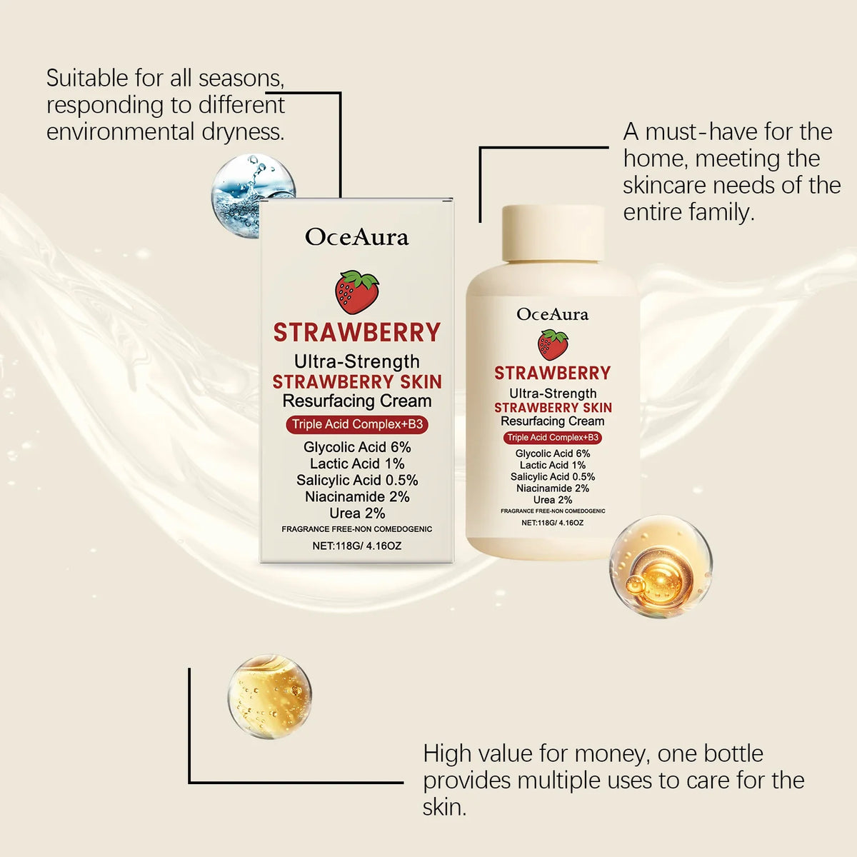 OceAura Strawberry Body Cream | Lightweight Moisturizer 118g