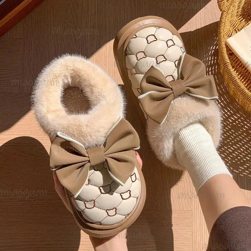 Women's Fluffy Platform Slipper Boots – Bowknot Winter Booties