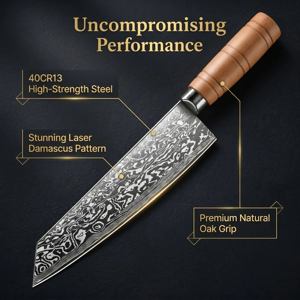 Damascus Santoku Knife – 4Cr13 Steel Blade & Oak Handle