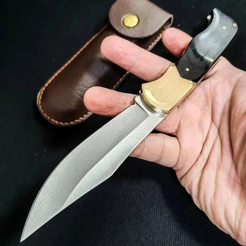 Folding Pocket Knife – Ebony & Brass Handle, Leather Sheath EDC