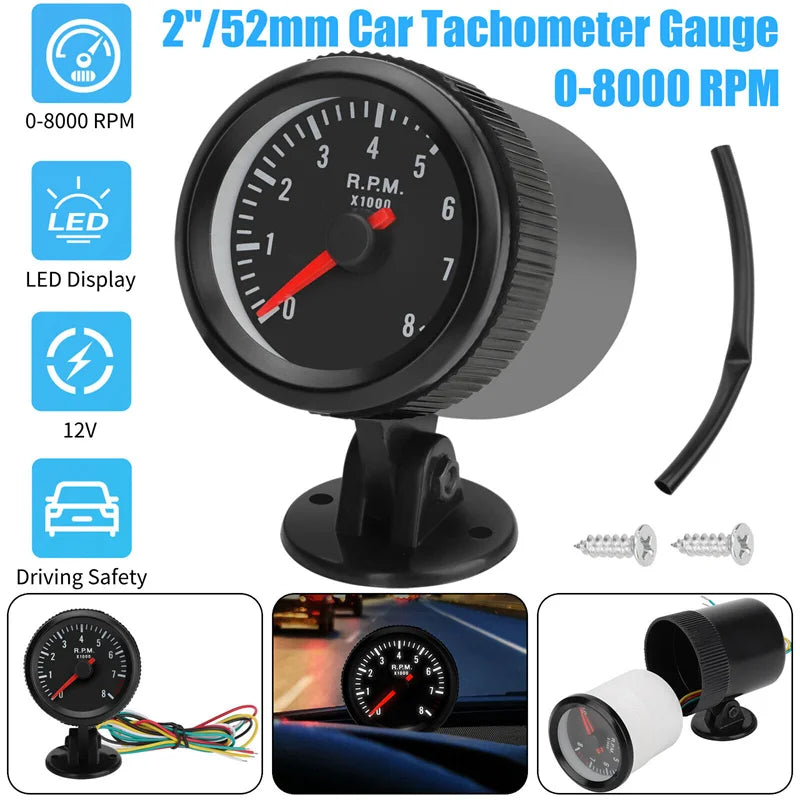 52mm Analog Tachometer RPM Gauge 0–8000 RPM White LED | Petrol Car
