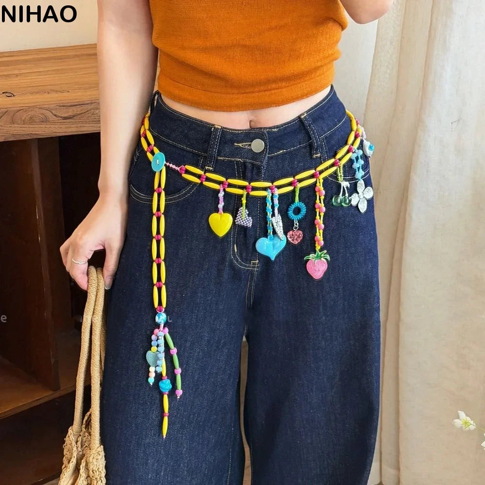 Y2K Colorful Beaded Waist Chain – Kawaii Bohemian Body Jewelry