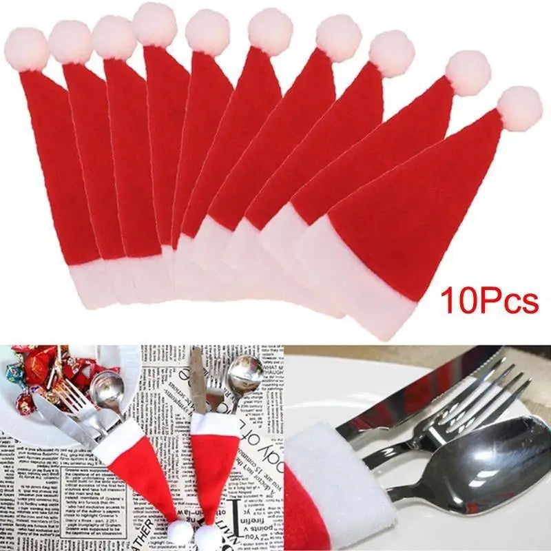 10-Piece Christmas Hat Cutlery Holders & Wine Bottle Covers