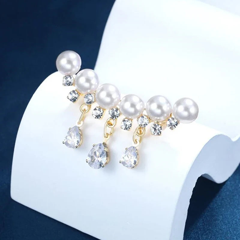 Elegant White Crystal Pearl Brooch | Gold Rhinestone Tassel Pin