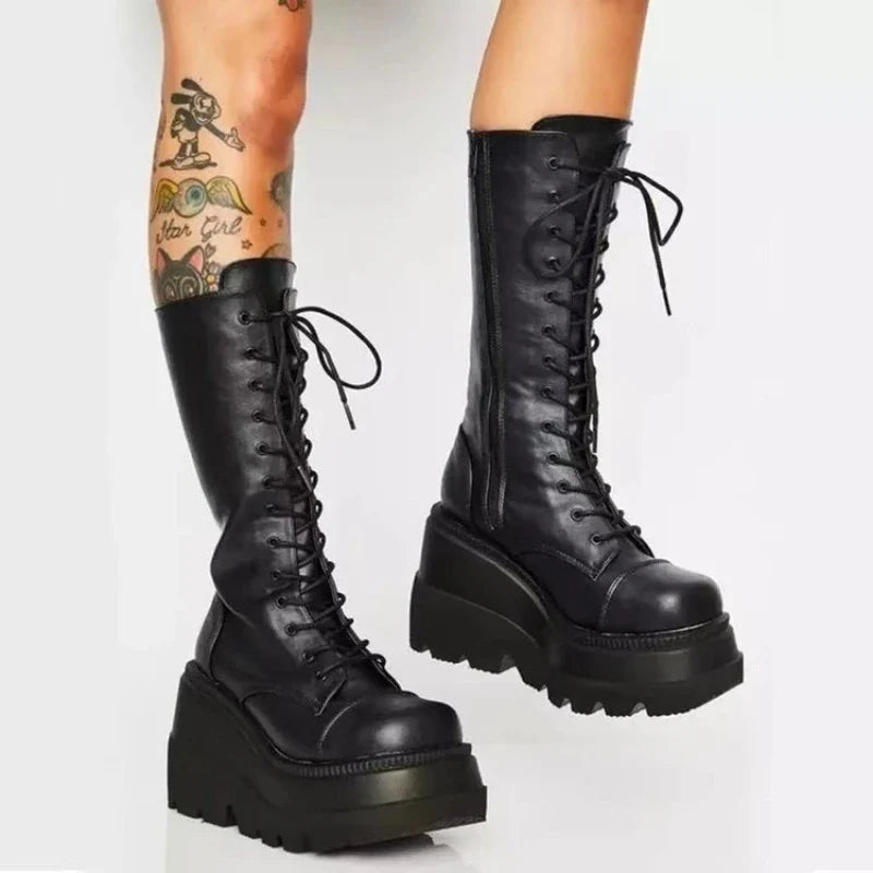 Women's Gothic Platform Knee-High Boots | Square Heel Zip