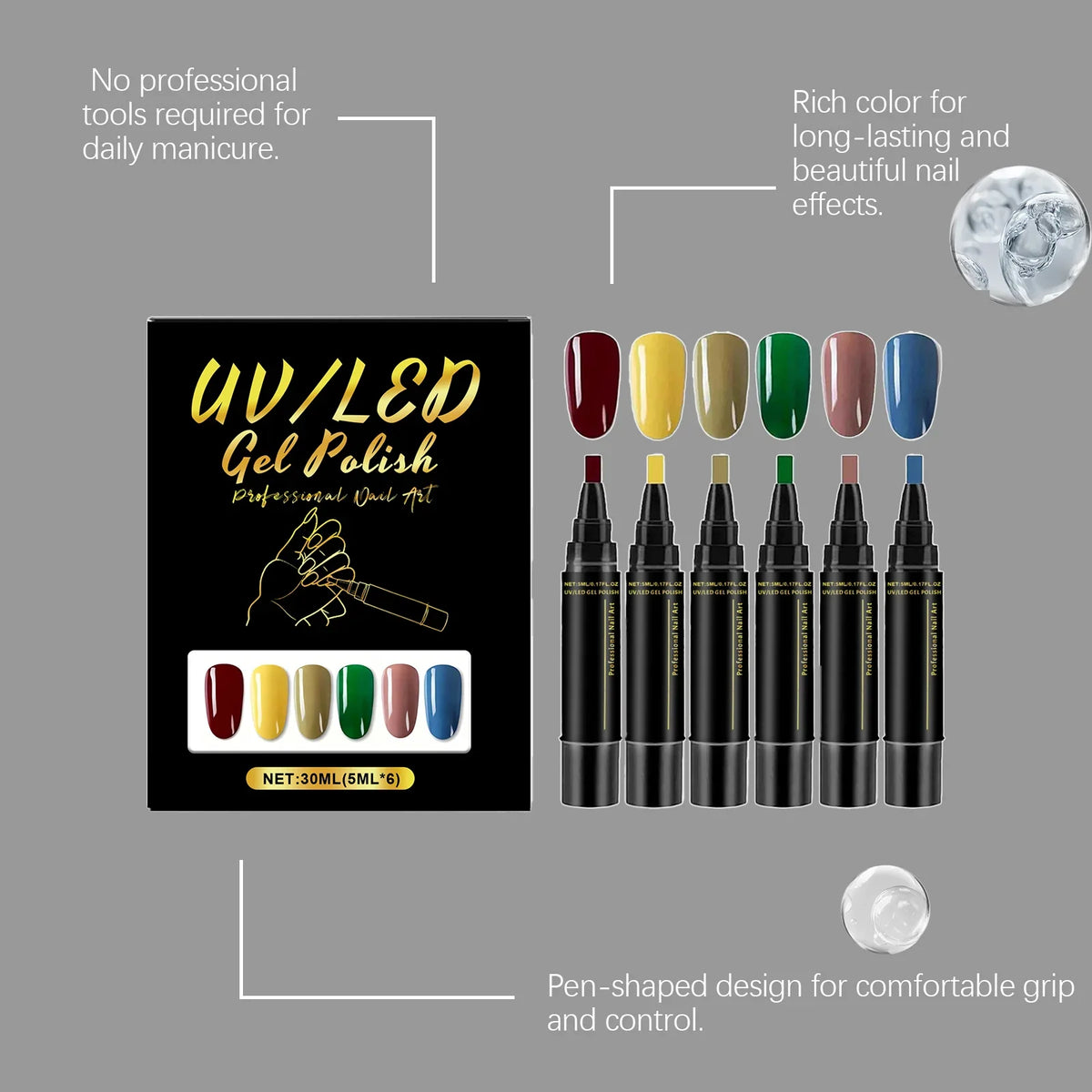 6-Color DIY Nail Art Polish Pen Set – Quick Dry & Long Wear
