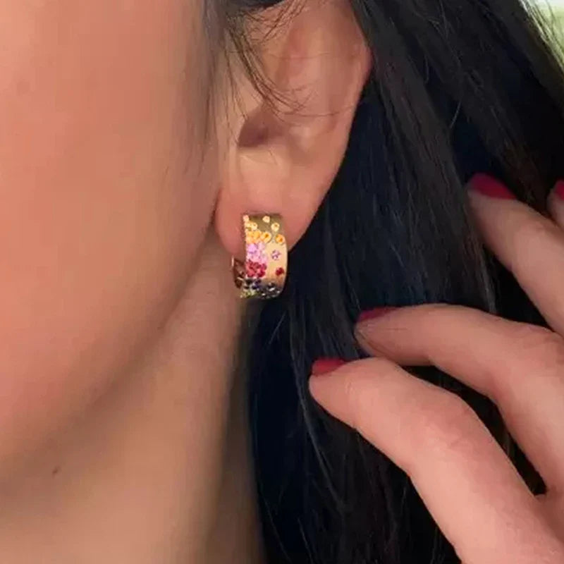 Huitan Colorful CZ Hoop Earrings – Gold Tone Women's Fashion