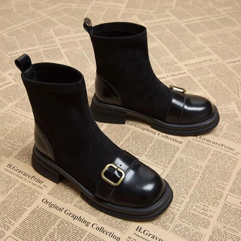Women's Square Toe Knit Sock Ankle Boots – Medium Heel