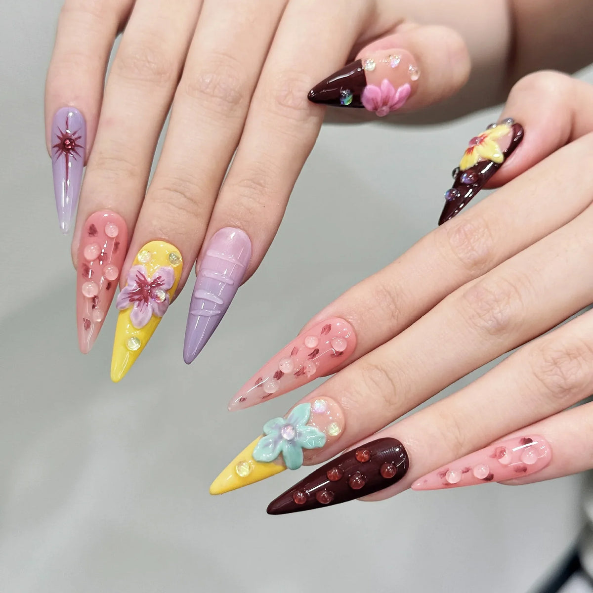 3D Carved Flower Press-On Nails | Long Almond False Nail Set