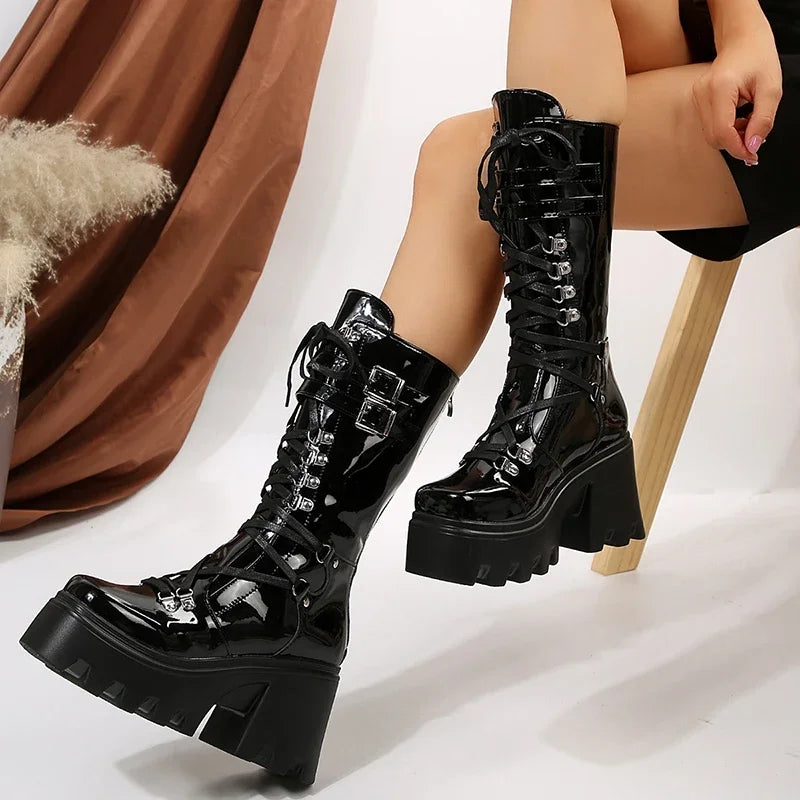Women's Punk Patent Leather Platform Mid-Calf Wedge Boots