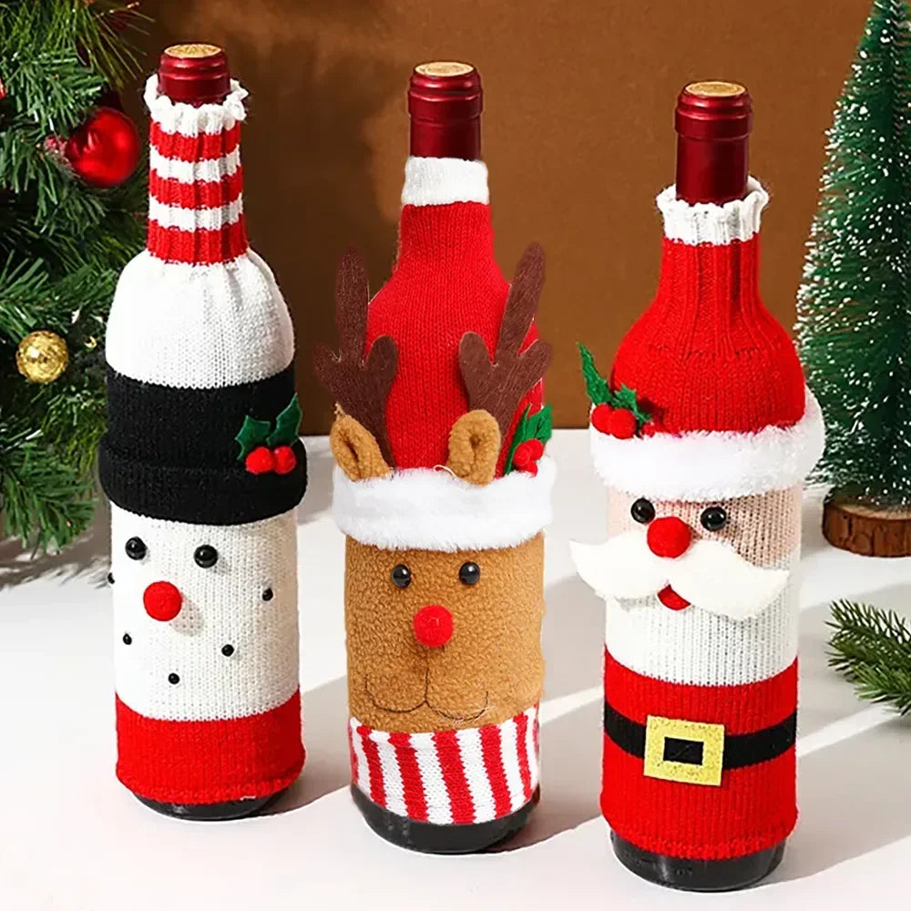Christmas Knitted Santa Wine Bottle Covers | Festive Table Decor Set