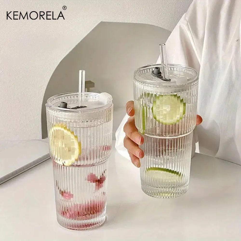 KEMORELA 600ml Stripe Glass Cup with Lid & Straw