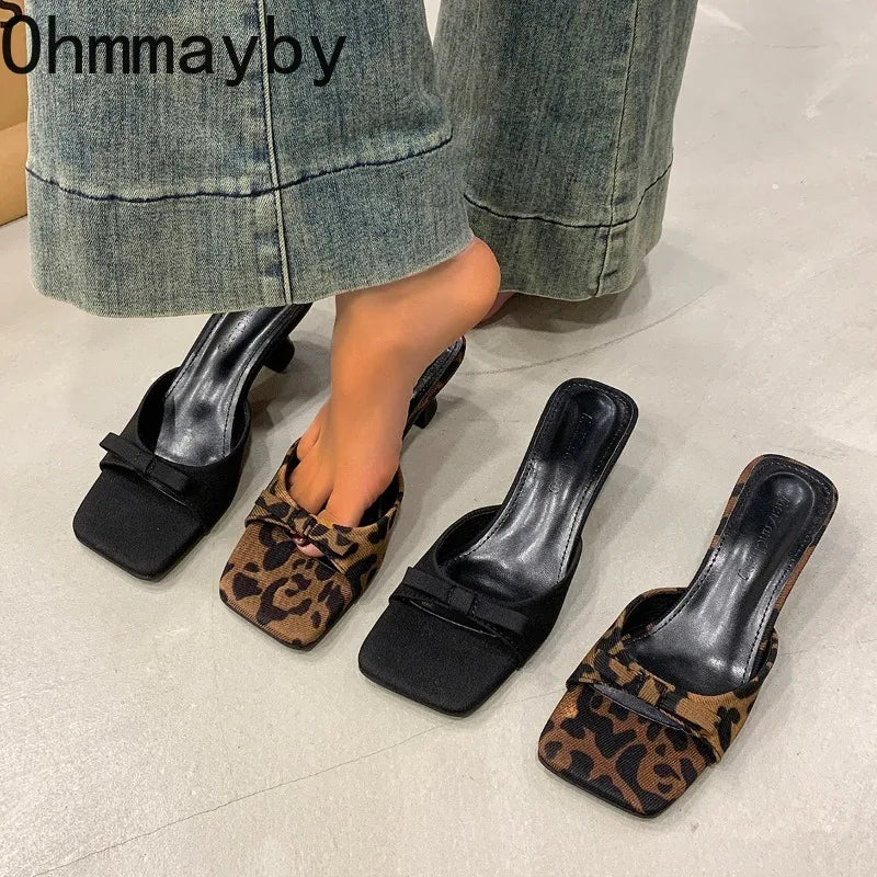 Women's Butterfly-Knot Square Toe Slide Mule Slippers Low Heel