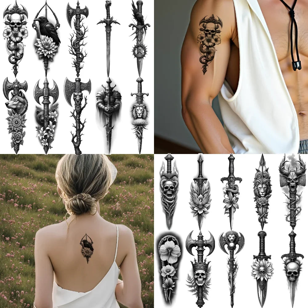 12pcs Realistic Temporary Tattoos – Skull, Flower, Crow & Dragon